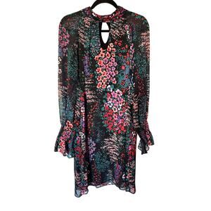 Molly Bracken Black and Bright Floral High Neck Shirt Dress SZ XL